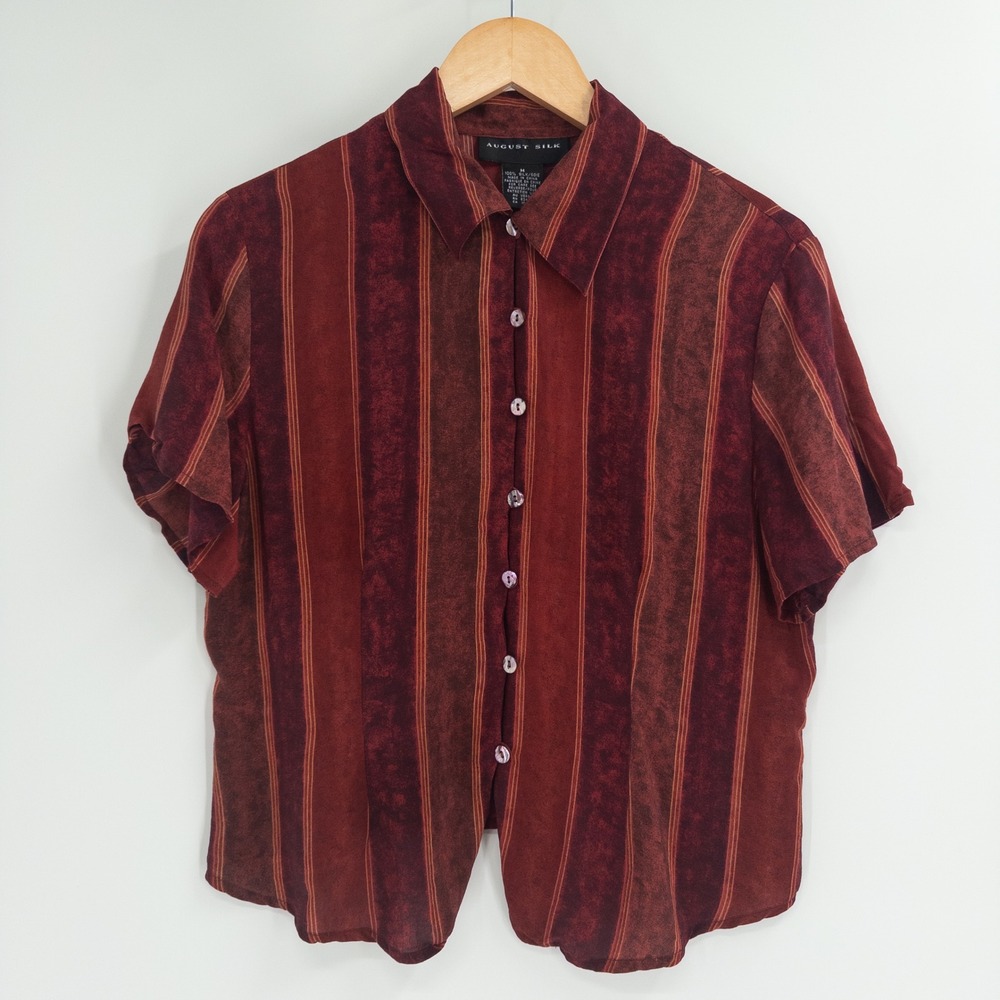 Vintage August Silk Top Women M Red Striped Maroon Grunge 90s Indie Capsule Camp